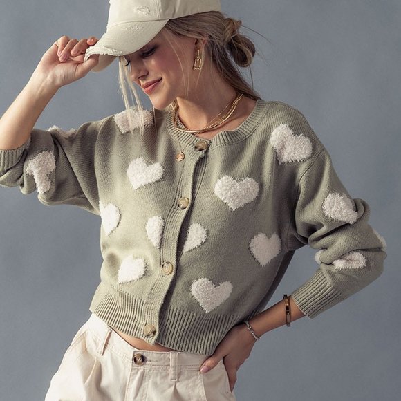 NEW Sage Green Fuzzy Hearts Long Sleeves Button Front Sweater Knit Crop Cardigan - Picture 2 of 11